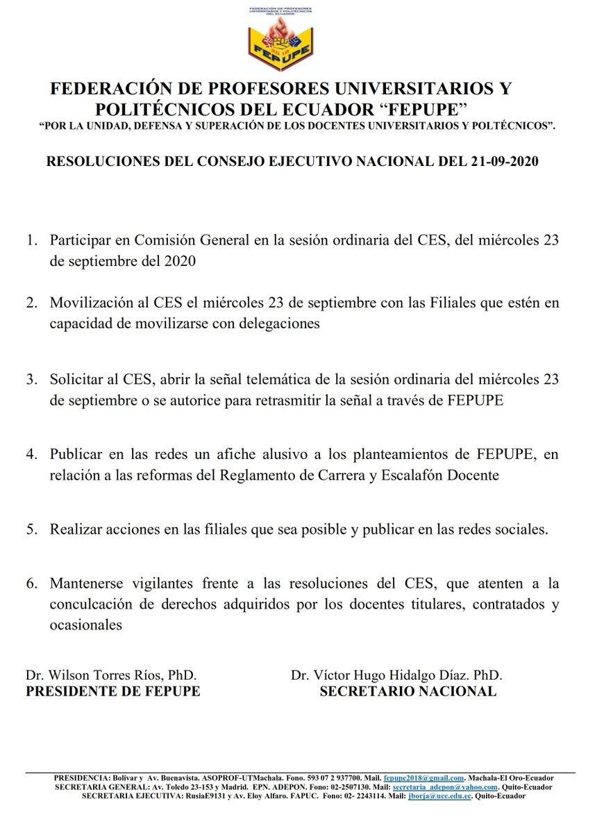 Compartimos a nuestros docentes y comunidad en general, las RESOLUCIONES que se adoptaron en el CONSEJO EJECUTIVO NACIONAL  DE <a href="/FEPUPE_ec/">FEPUPEcuador</a> efectuado el 21 de septiembre de 2020.

<a href="/ces_ec/">CES</a> <a href="/EduSuperiorEc/">Viceministerio de Educación Superior</a> <a href="/Lenin/">Lenín Moreno</a> <a href="/ASESEC1/">Asamblea del Sistema de Educación Superior</a> <a href="/RichardM_A/">Richard Martínez</a> <a href="/FinanzasEc/">Economía Finanzas Ec</a> <a href="/Caces_Ec/">CACES</a> <a href="/EcAdepon/">adepon_ec</a> <a href="/CorteConstEcu/">Corte Constitucional</a>