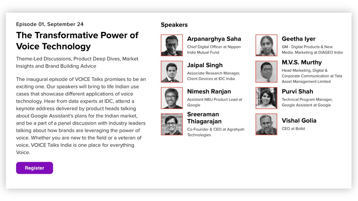 sreeraman's tweet image. The first Webinar under the #VoiceTalksIndia is exclusively to those who believe in Conversational AI. Join us on Sep 24th. 11am for a 90 min live talk. bit.ly/2ZWnRGP