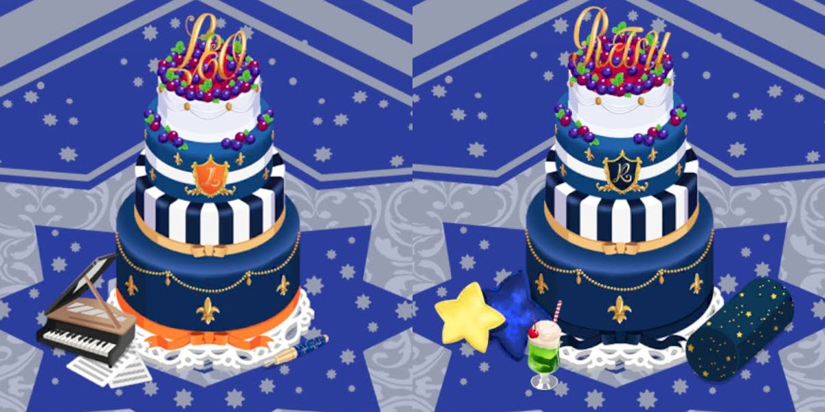 穂野 No Twitter レオと凛月の 誕生日ケーキを比べてみると Knightsのケーキはブローチ と土台の リボンの飾りがそれぞれの髪の色になるって感じかな