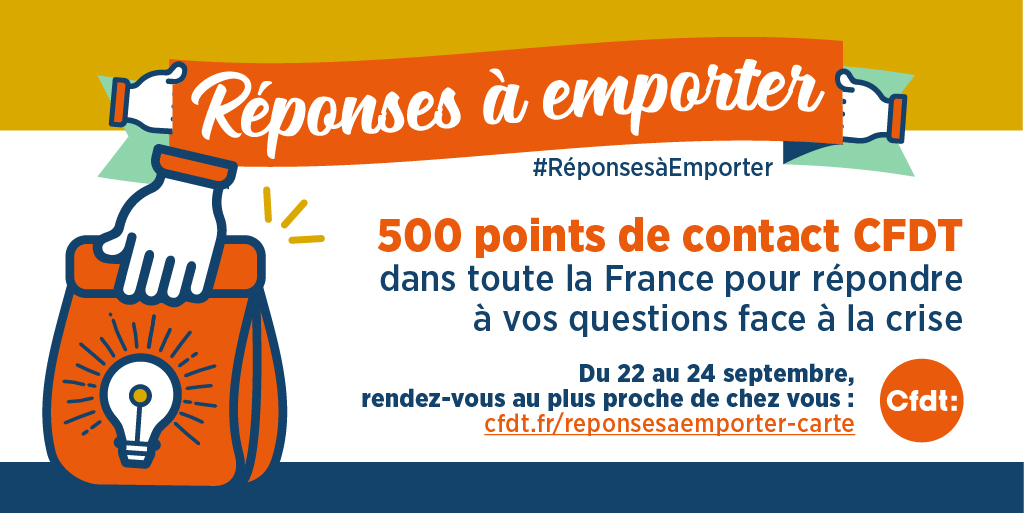 Ça commence aujourd'hui ! Jusqu'au 24 septembre, la #CFDT vous accueille dans l'un de ses points de contact pour répondre à toutes vos questions sur le droit du travail et les problématiques sociales liées à la #crise. #RéponsesàEmporter