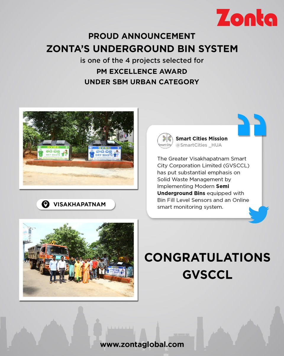 Zonta___'s tweet photo. Proud moment for Zonta
Congratulations to The Greater Visakhapatnam Smart City Corporation Limited (GVSCCL)
#zonta #zontagroup #SmartCity #undergroundbins #IoT #Visakhapatnam #GVSCCL #solid #wastemanagement #proudzonta https://t.co/MOMgUmwTGB
