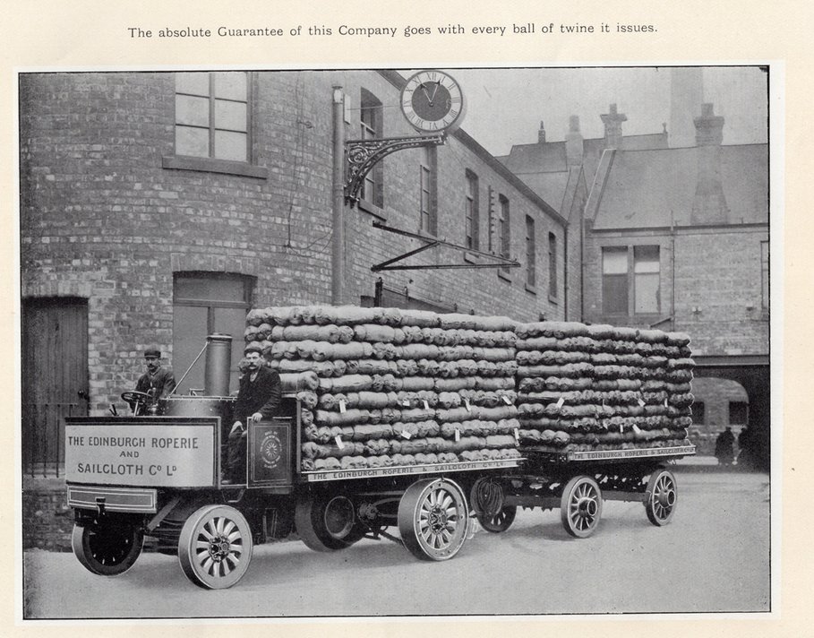 Here we see the company's steam lorry in 1906 leaving the works with a full load of packed balls of twine (pic from Edinburgh Collected)"The absolute Guarantee of this company goes with every ball of twine it issues"