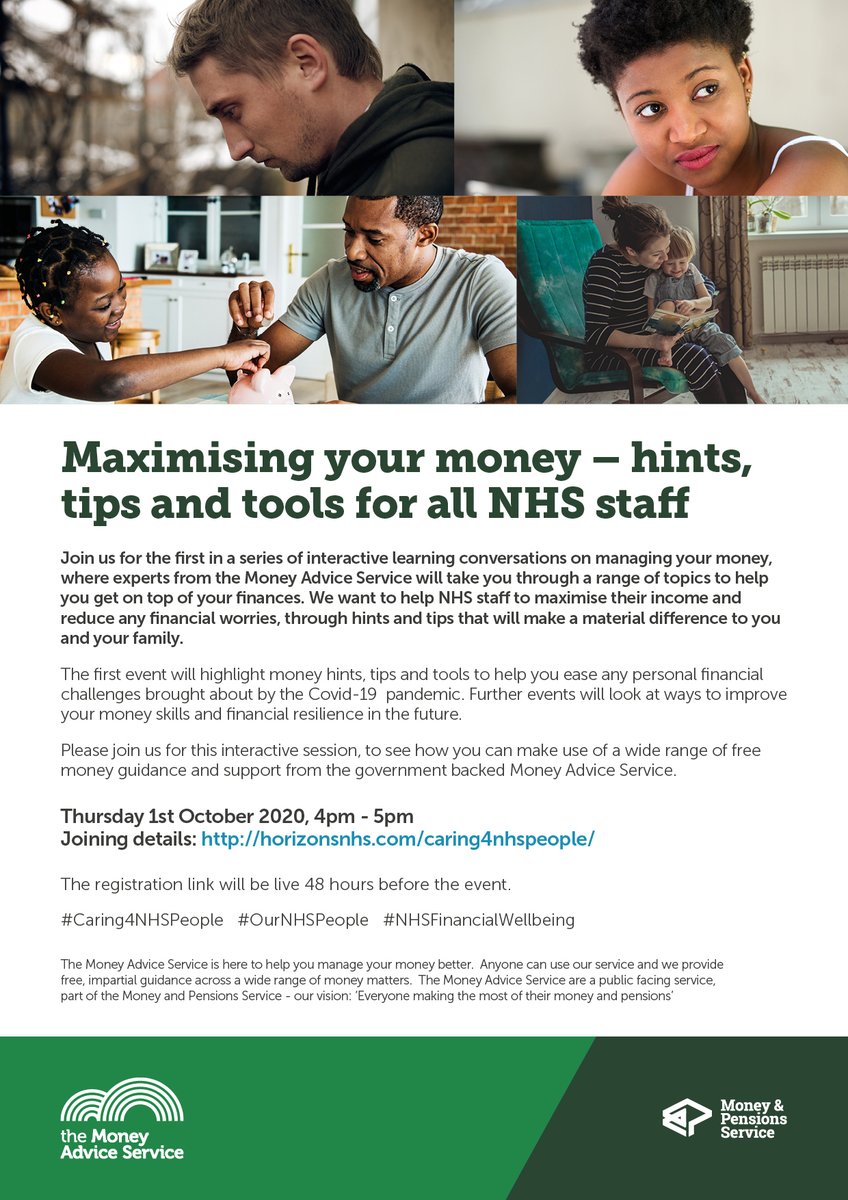 We Are NHS People 💙 (@people_nhs) on Twitter photo Financial concerns are one of the secondary stressors impacting #OurNHSPeople during COVID-19. We have partnered with <a href="/MoneyPensionsUK/">Money and Pensions Service (MaPS)</a> to develop a financial wellbeing support offer. Join us for our launch & first interactive session in a new mini-series: horizonsnhs.com/caring4nhspeop… Financial concerns are one of the secondary stressors impacting #OurNHSPeople during COVID-19. We have partnered with <a href="/MoneyPensionsUK/">Money and Pensions Service (MaPS)</a> to develop a financial wellbeing support offer. Join us for our launch & first interactive session in a new mini-series: horizonsnhs.com/caring4nhspeop…