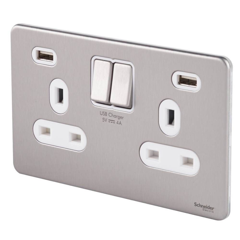 sparksdirect's tweet image. This is the Schneider GGBGU3424DWSS Ultimate Stainless Steel Screwless 2 Gang 13A Switched Twin Socket complete with 2 x Type A 4A USB Socket - Stainless Steel Metal Flat Plate with White Plastic Insert. #usbsocket #charger #plugsocket 

 buff.ly/2FPSJkO