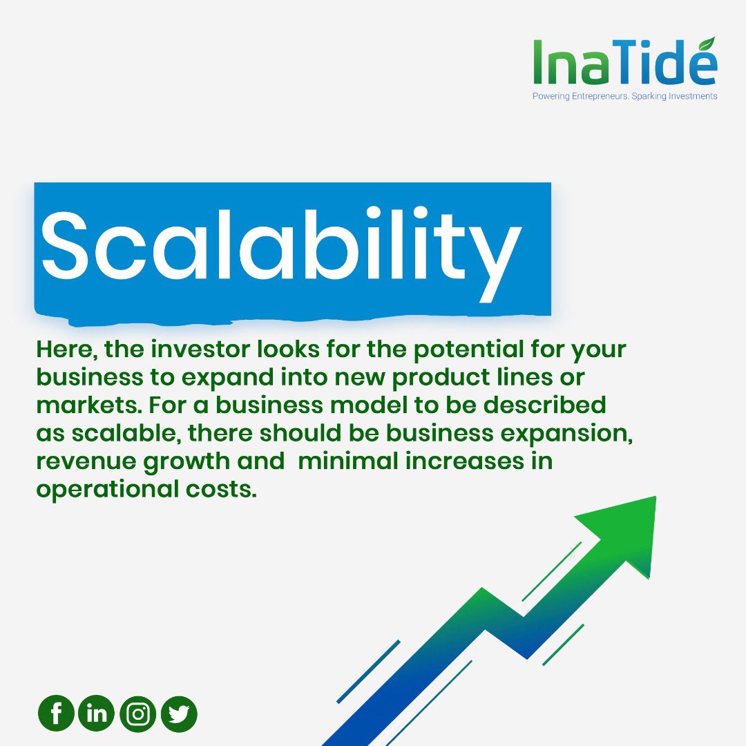 Scalability measures the potential for your business to expand into new product lines or markets. For a business model to be described as scalable, there should be business expansion, revenue growth and  minimal increases in operational costs.
#EmpoweringEntrepreneurs #InaTidé
