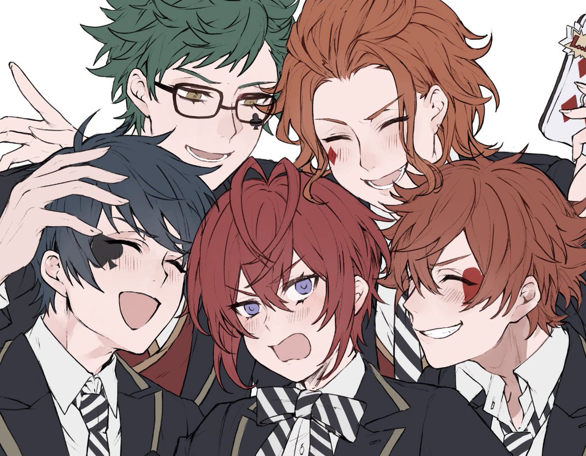 multiple boys male focus red hair smile school uniform green hair closed eyes  illustration images