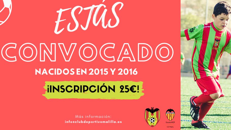 cdmalilla1969's tweet photo. ⚽️ ¡Iníciate en el #fútbol en el #CDMalilla! 

😃 Precios especiales para nacidos en 2015 y 2016.

📲 info@clubdeportivomalilla.es https://t.co/4a2ZnObga2
