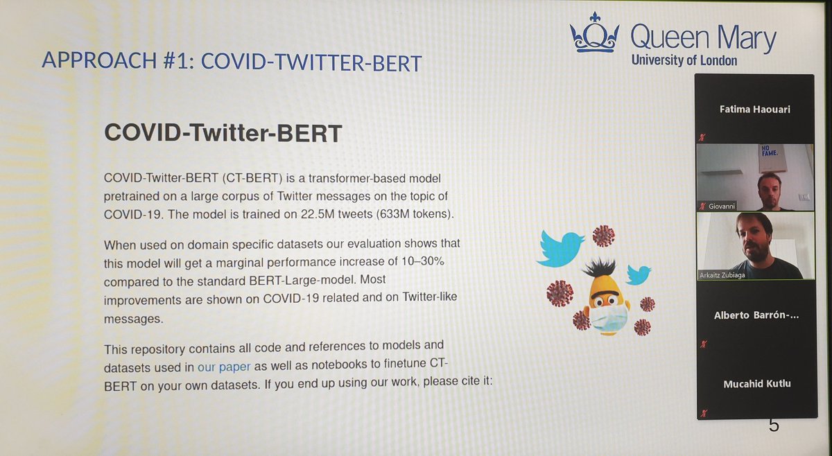 bigIR_group's tweet image. @arkaitz is presenting their participation in task1 of CheckThat! Lab 2020 and how they trained COVID-Twitter-BERT to identify check-worthy COVID19 tweets. #CLEF2020 @clef_initiative