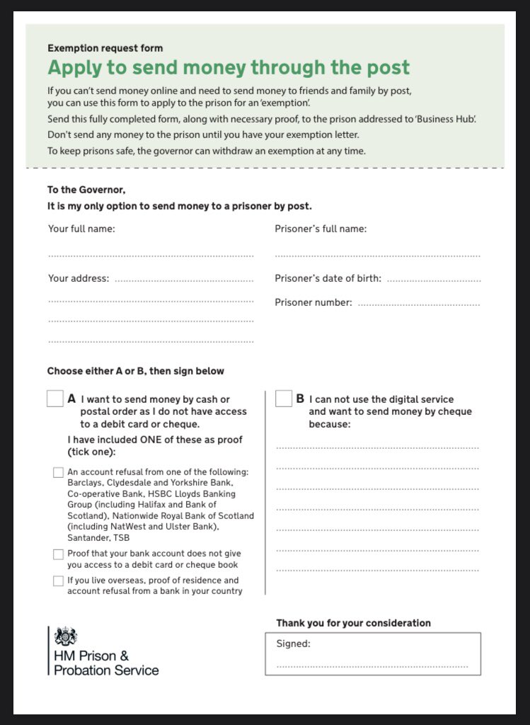 <a href="/HMP_NewHall/">@HMPNewHall</a> from the 2nd November the preferred way to send money to family members and friends will be via send-money-to-prisoner.service.gov.uk portal. Any exemption request form will be required before sending any money. We have attached the information below