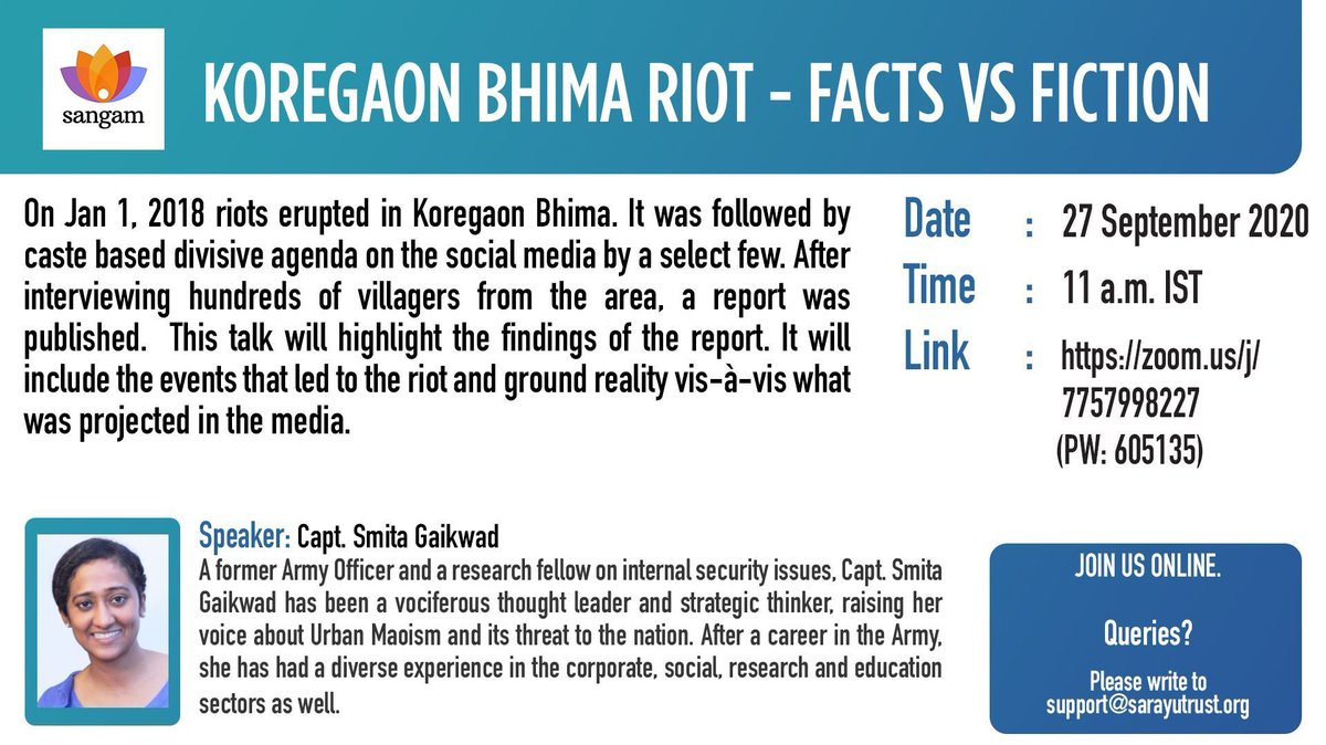 sangamtalks's tweet photo. The Bhima-Koregaon battle celebrations in 2018 observed violent clashes, but the question is who incited it. @Captsmita, a research fellow on internal security issues, will give a reality check this Sunday at 11 AM.
#SangamTalks https://t.co/aIgZw1rmDB