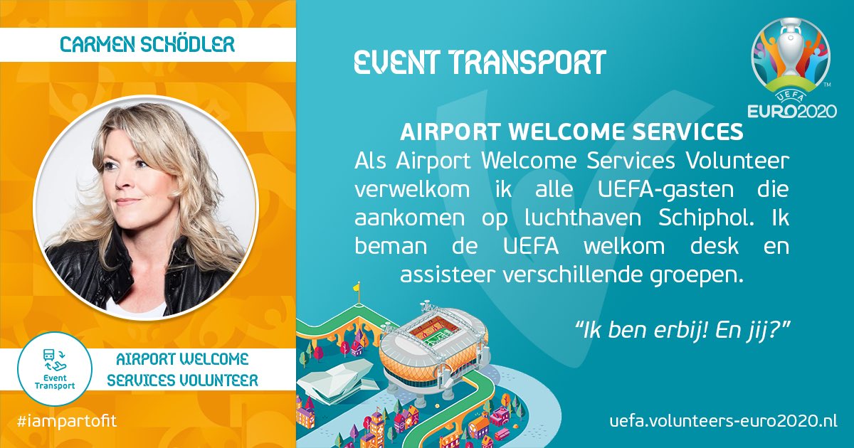 2020Amsterdam's tweet photo. Wil jij tijdens het EK net als Carmen UEFA-gasten ontvangen op Schiphol? Meld je aan als vrijwilliger via  https://t.co/I0Fn8t3PkH!
#SchipholAirport #EURO2020 #EURO2020volunteers https://t.co/6gVH0YIVVQ