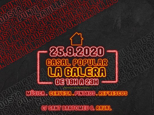 Bloc Rosa de Foc 🌹🔥 (@bloc_rosadefoc) on Twitter photo II KAFETA del BLOC ROSA DE FOC🔥🌹
🗓 DIVENDRES 25 de setembre
⏰ de 19h a 23h
📌 Casal Popular La Galera, Sant Bartomeu nº6, Raval
🚈 L3/L2 Paral·lel i L3 Liceu
#DostaPuntíEspeculador #LaGalera II KAFETA del BLOC ROSA DE FOC🔥🌹
🗓 DIVENDRES 25 de setembre
⏰ de 19h a 23h
📌 Casal Popular La Galera, Sant Bartomeu nº6, Raval
🚈 L3/L2 Paral·lel i L3 Liceu
#DostaPuntíEspeculador #LaGalera