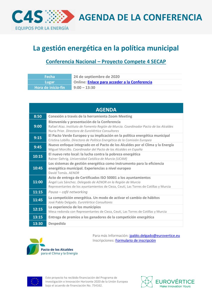 Este jueves 24 de septiembre de 9-13.30h os esperamos en la jornada 🔌 ‘La gestión energética en la política municipal’. 

↪️Participan representantes de <a href="/AENOR/">AENOR</a> <a href="/infoRMurcia/">Instituto de Fomento</a> <a href="/AytoLasTorresC/">LasTorresdeCotillas</a> <a href="/aytocieza/">Ayuntamiento de Cieza (Murcia)</a> <a href="/AytoMurcia/">Ayuntamiento de Murcia</a> <a href="/Ayto_Ceuti/">Ayuntamiento Ceutí</a> y <a href="/UCAM/">UCAM Universidad</a>. 

ℹ️docs.google.com/forms/d/e/1FAI…

#Compete4SECAP