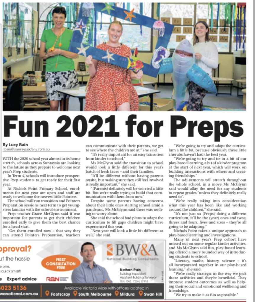 nicholspointps's tweet photo. Great article in tomorrow’s @sunraysiadaily about our amazing Prep program. 

Please email the school at nichols.point.ps@education.vic.gov.au
Or ring us on 50231633 once Term 4 commences if you are looking to enrol a child. 

#pointers https://t.co/zT67HhfHXx