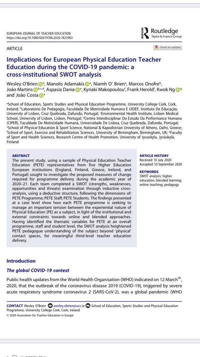 Dr. Wesley O'Brien (@wesleyob1) on Twitter photo ✅ New publication, just in time for the academic year start <a href="/ATEE_Brussels/">Association for Teacher Education in Europe</a> #EJTE #PETE
“Implications for European Physical Education Teacher Education during the COVID-19 pandemic: a cross-institutional SWOT analysis”
Please RT, 50 free copies at: tandfonline.com/eprint/NWIKMHX… <a href="/UCC/">UCC Ireland</a> ✅ New publication, just in time for the academic year start <a href="/ATEE_Brussels/">Association for Teacher Education in Europe</a> #EJTE #PETE
“Implications for European Physical Education Teacher Education during the COVID-19 pandemic: a cross-institutional SWOT analysis”
Please RT, 50 free copies at: tandfonline.com/eprint/NWIKMHX… <a href="/UCC/">UCC Ireland</a>