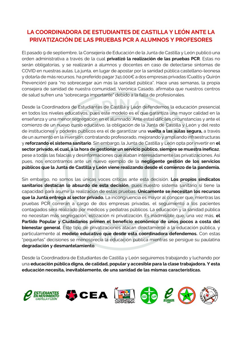 CEAestudiantes's tweet photo. 👥 Desde @estudiantesCyL denunciamos la privatización de pruebas de PCR en el ámbito educativo. 💉📚

Necesitamos inversión en profesionales y adaptación de infraestructura para un regreso seguro a las aulas, NO PRIVATIZACIONES. 🚫

📄 Lee nuestro comunicado https://t.co/7ITCICsF5f