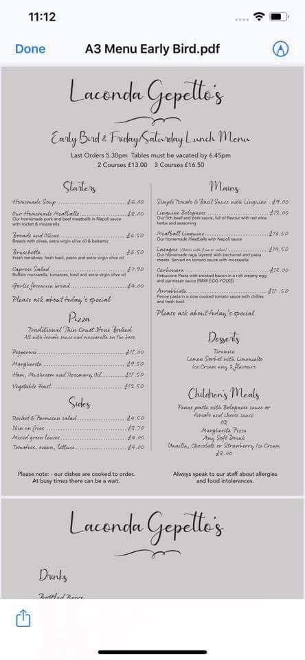 Take a look at Gepettos new early bird and Friday/Saturday lunch menu
Opening hours are Wednesday/Thursday 4pm to 8-30pm. 
Friday and Saturday 12 lunch to 8-30pm. 
Why not book a table for lunch with a friend this Friday or Saturday ? 2 courses £13