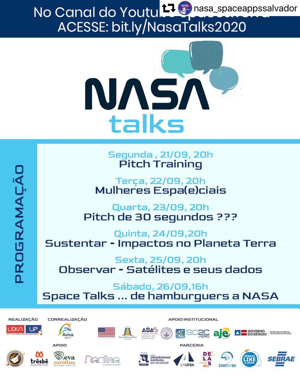 spaceappssalva1's tweet photo. Aberto a todxs #nasatalks #spaceapps #spaceappssalvador https://t.co/QAYgxl5xT9