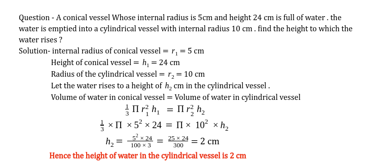 dishamam's tweet photo. #class9th #maths #SurfaceAreasAndVolumes
 conical vessel Whose internal radius is 5cm and height 24cm is full of water.the water is emptied into a cylindrical vessel with internal radius 10cm.find the height to which the water rises 
#Mathematics #DishaMam #DakshClasses #DCQ00061 https://t.co/rZb8ibDDdS