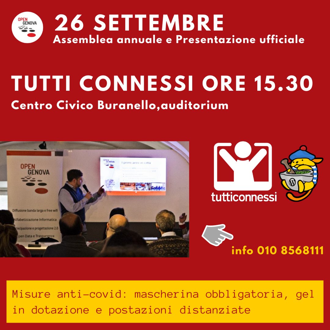 AssOpenG's tweet photo. Assemblea annuale ore 14.30 e presentazione istituzionale di Tutti Connessi ore 15.30 #opengenova #genova https://t.co/It73KeDh9z