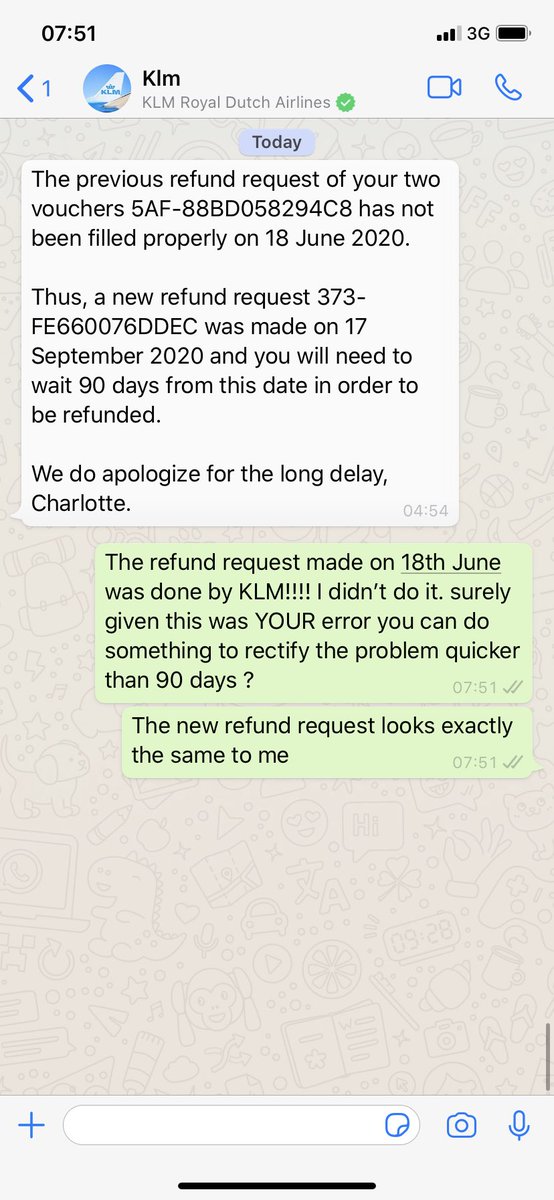 C_harlieGrace's tweet photo. OUTRAGEOUS... the 2nd refund request was done by @KLM themselves after they incorrectly rejected the first one -their error and yet now I have to wait 90 Days AGAIN for the THIRD TIME. You’d think after this many errors on their behalf they’d be able to escalate my complaint?? https://t.co/bROc66vhS9