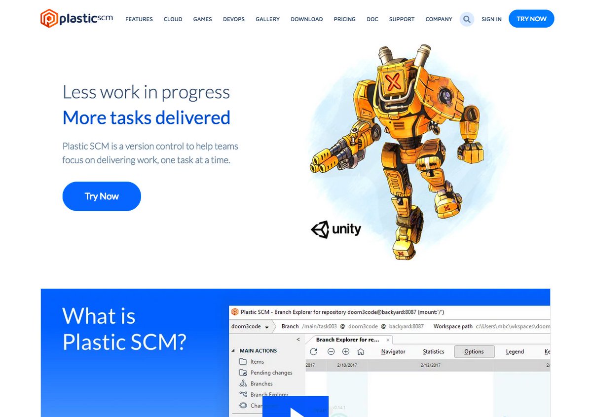 We,<a href="/plasticscm/">Plastic SCM</a> just redesigned the Hero section in our plasticscm.com site. As we are part of the <a href="/unity3d/">Unity3D (inactive)</a> universe, we added a yellow robot that appears in one of the Unity short movies.
(I open a thread...)