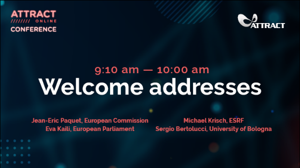 ATTRACTEU's tweet photo. Welcome! Our web conference is now 🔴LIVE!! 
We start with a short intro from our project rep. - Romain Muller of @CERN, followed by our featured guests: @JEPaquetEU, @EvaKaili, Michael Krisch &amp; Sergio Bertolucci. Join us! 📺 https://t.co/uon6Hzpl9p

#ATTRACT_Ignite https://t.co/JoyQFBLISb