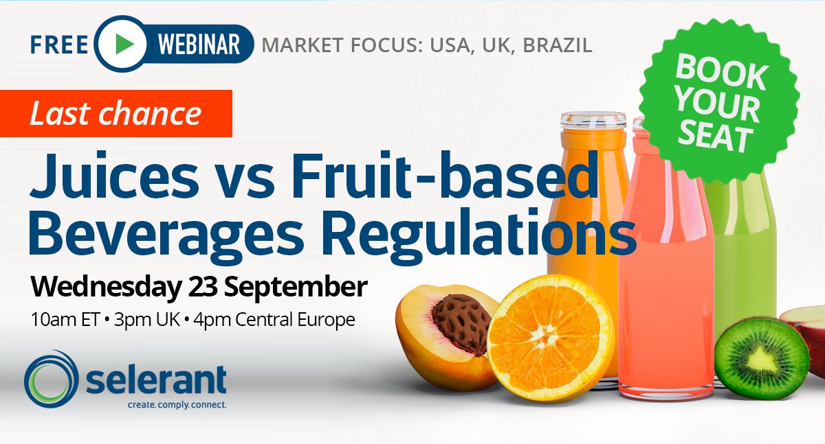Selerant's tweet photo. Last chance to book your seat on a free #webinar “Juices vs Fruit-based Beverages Regulations”. Register today. #regulatorycompliance #foodsafety #foodlegislation #juices
https://t.co/oczRQF3fkg https://t.co/3pKFcJNyag