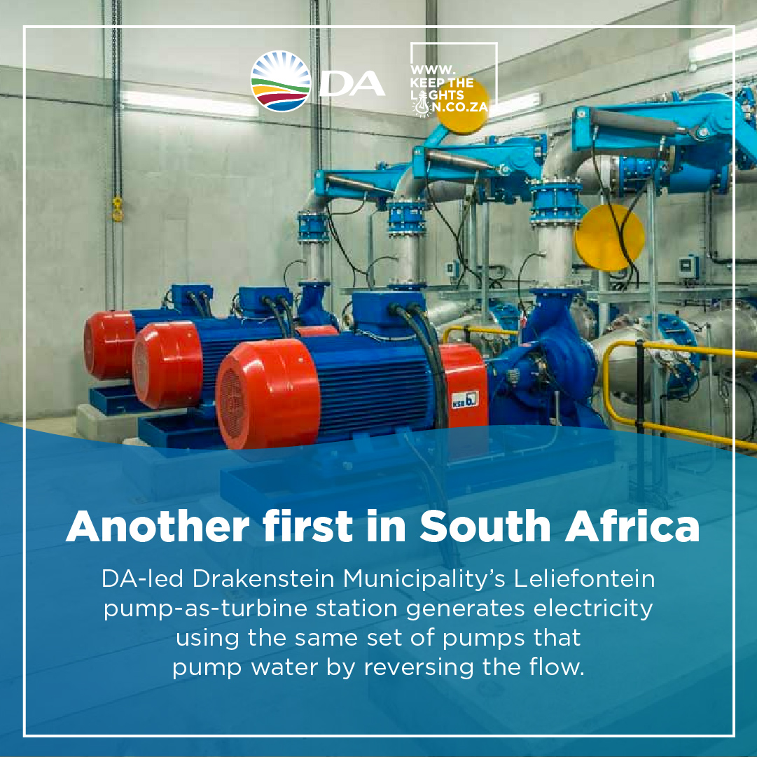 🔦| A blackout-free SA is possible!

The DA-led Drakenstein Municipality generates electricity using water pumps.

The ANC government must get out of the electricity business and allow for a cheaper, diverse supply to #KeepTheLightsOn.

We have a plan!

📲 keepthelightson.co.za