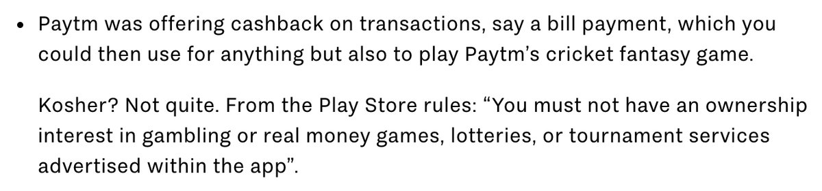 Let's address these points one-by-one.On 18th September, Paytm app had zero links or any promotion of Paytm First Games. TMC failed to mention this, despite them linking to our blog post which explains it all.  https://blog.paytm.com/the-story-behind-paytm-apps-de-listing-from-google-play-store-42b3b6f54da05/n