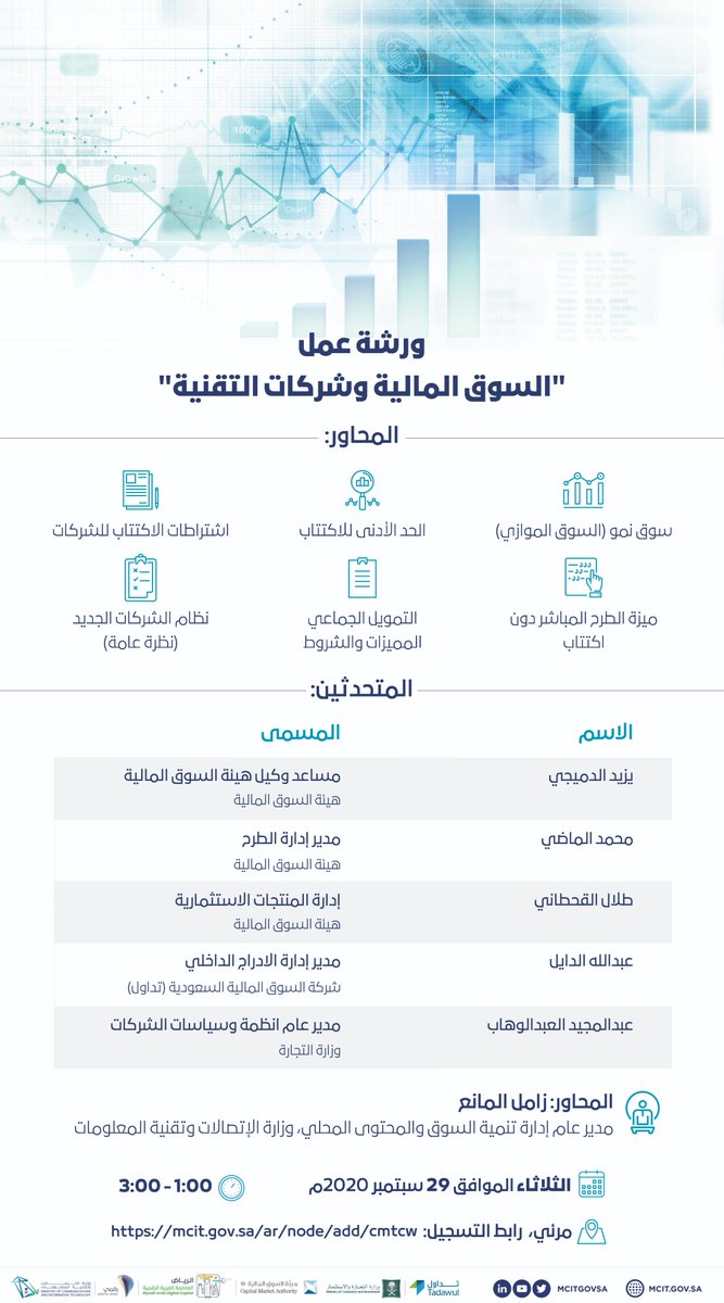 شركات التقنية و رواد الاعمال و اصحاب الشركات الناشئة المهتمين بالتقنية؛ ننتظركم يوم الثلاثاء الموافق ٢٩ سبتمبر في ورشة عمل بعنوان "السوق المالية وشركات التقنية" بالتعاون مع هيئة السوق المالية

سجل الآن 
mcit.gov.sa/ar/node/add/cm…