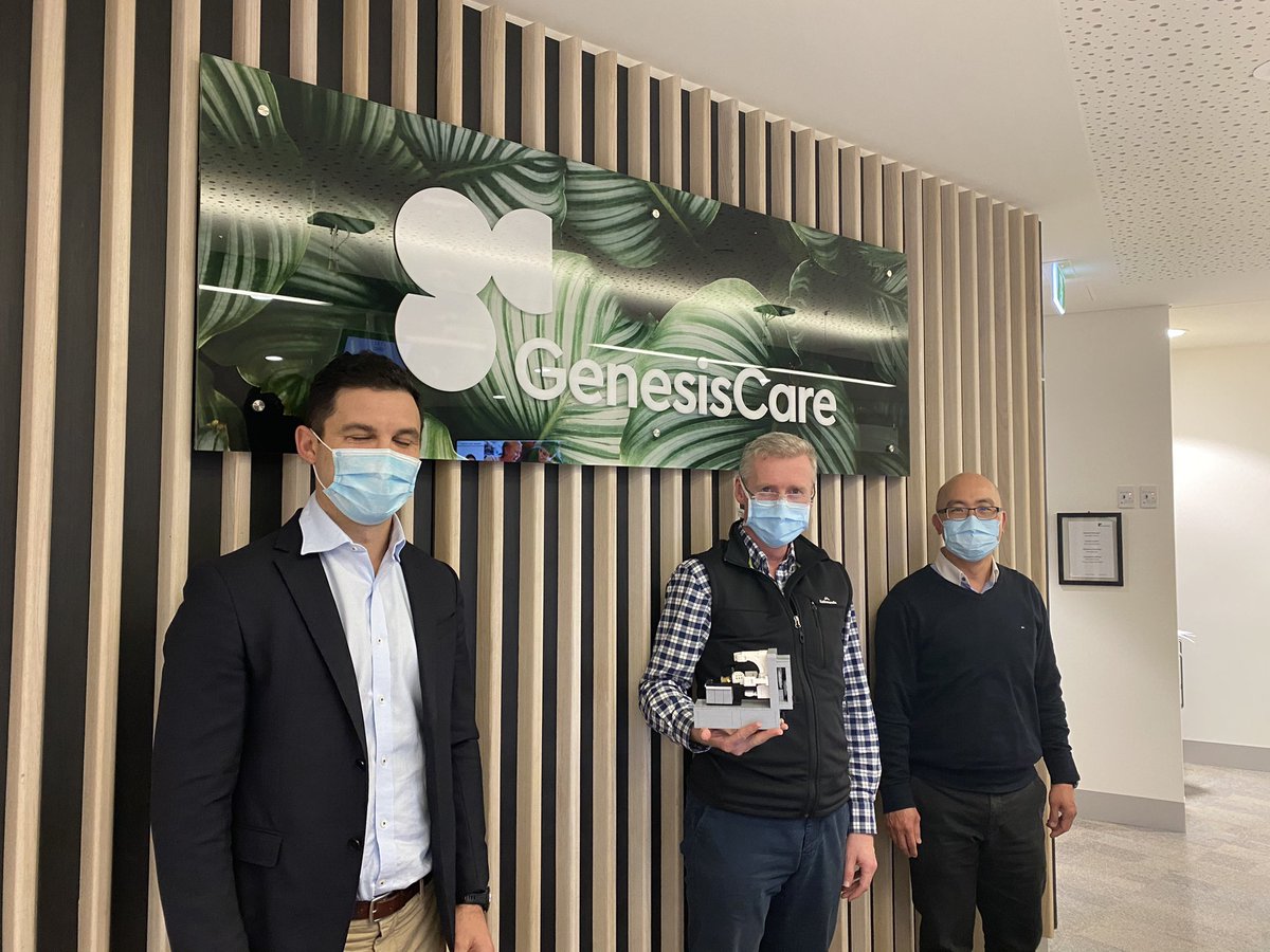 JulieMcCrossin's tweet photo. #LINACbakeoff winner @drcbsteer holding his prize the #modelLINAC with Ben Ward (L) Executive Manager of Oncology @GenesisCare visiting Albury & Radiation Oncologist Eddy Ong (R) Models are great for patient education @TargetingCancer @thefortrans @SeanGeoghegan @ASMIRTorg https://t.co/RiubJxNNgL