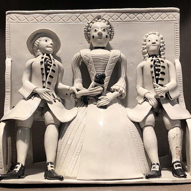 Cheered today by the existence of Pew Groups, a rare type of hand-modelled white salt glazed stoneware figurine, made in Staffordshire during the 1740s, which despite the gawky stiffness, have a wealth of charming domestic detail, including wigs, clothes, instruments, &amp; pets.