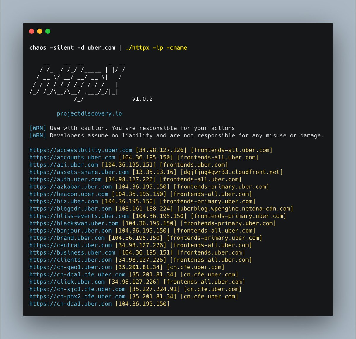 pdiscoveryio's tweet image. #httpx v1.0.2 is out with more probes.

- Added IP extraction
- Added CNAME extraction
- Added CDN check
- Added String based match/filter
- Added Regex based match/filter

and more github.com/projectdiscove…

#bugbountytools #hackwithautomation #bugbountytips