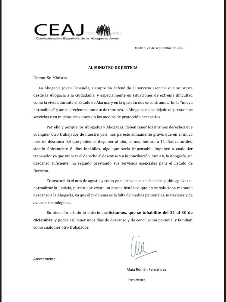 Desde CEAJ, ante el atropello que ha supuesto agosto, se pide al Ministro que inhabilite del 21 al 30 de diciembre. Fundamentalmente para poder descansar y conciliar personal y familiarmente.  
#LaAbogaciaTieneDerechoADescansar #AbogaciaConcilia