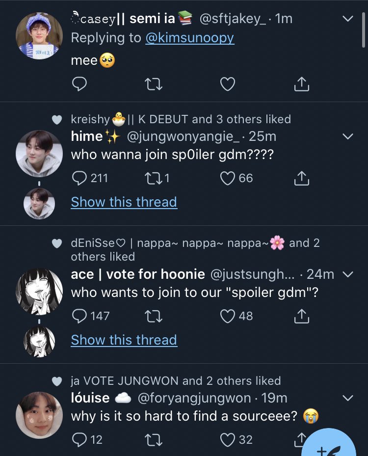 suggested by:  @into_sunghoon just everyone wanting to be added to a spoiler gdm because a) mnet didn’t pick them for the global viewing b) we are minors since 20 years old and above eggies are the only ones who can submit a format the end, they became useless 