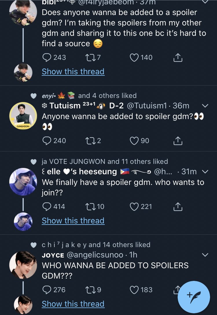 suggested by:  @into_sunghoon just everyone wanting to be added to a spoiler gdm because a) mnet didn’t pick them for the global viewing b) we are minors since 20 years old and above eggies are the only ones who can submit a format the end, they became useless 