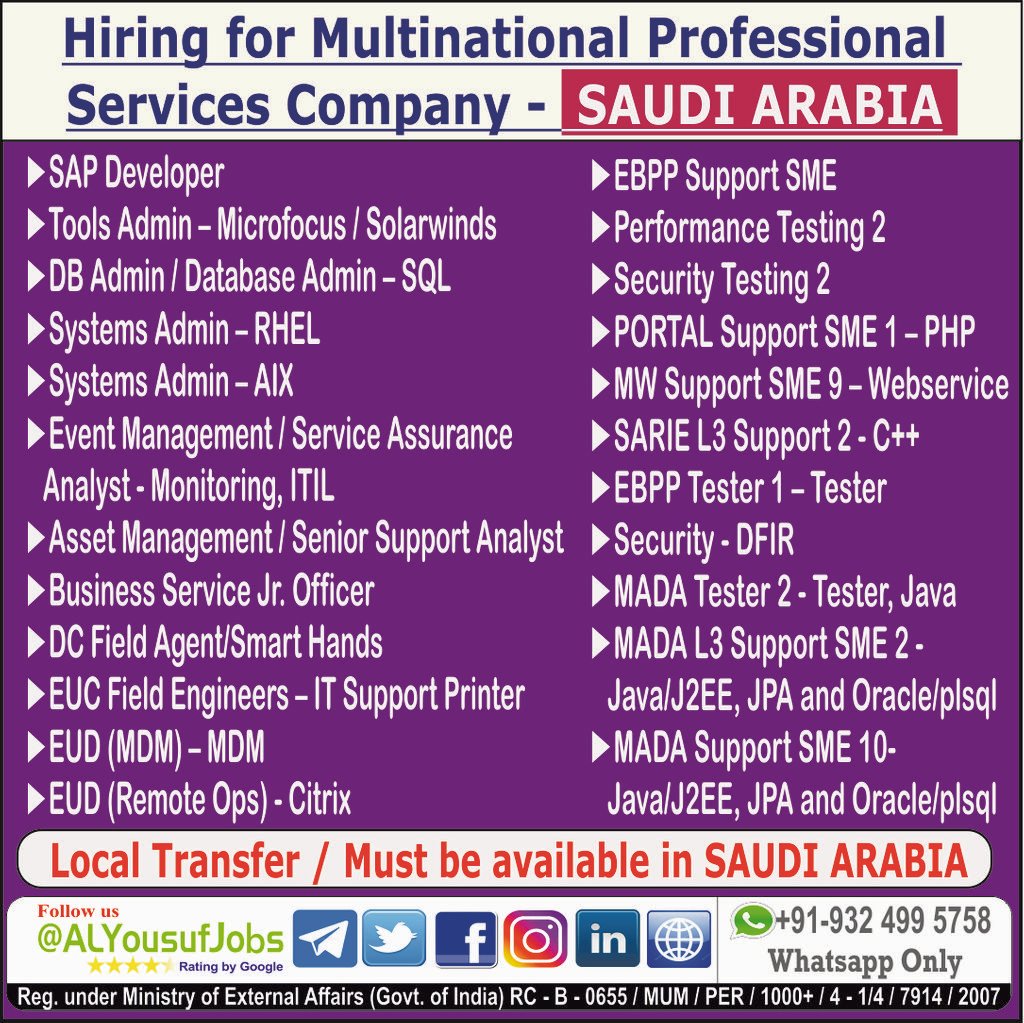alyousufjobs's tweet photo. Est.1984 @AlYousufjobs is #Recruiting now for #SaudiArabia #Local_Transfer Interested may pls register- https://t.co/t3Cbbho72I @Gulfwalkins @Naukri @GulfJobCareers @gulfjob365 @GulfIntlForum #alyousufjobs #gulfjobs #jobsinsaudiarabia #hiring #recruiting #saudiarabia #IT #ksajobs https://t.co/WPGjd8ZWEm