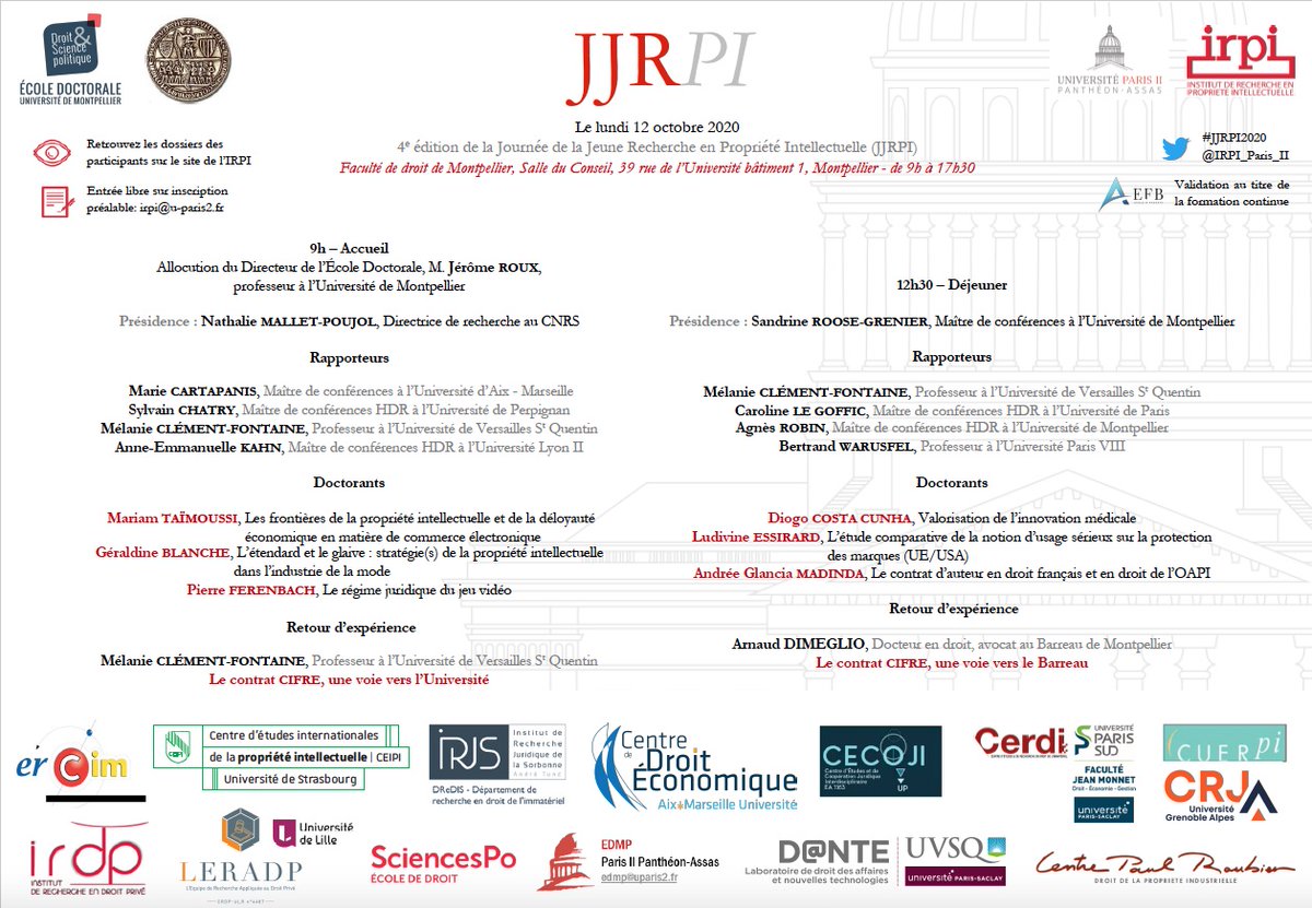 IRPI_Paris_II's tweet photo. Lundi 12 octobre 2020 aura lieu la #JJRPI2020, 4e édition de la Journée de la Jeune Recherche en Propriété Intellectuelle, à @Faculte_DSP_UM : venez nombreux !
#PI #propriétéintellectuelle https://t.co/OxfW8eFX31