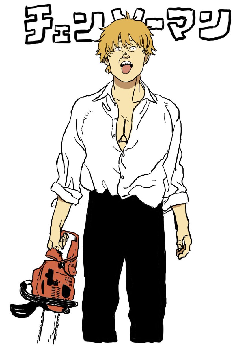 denji (chainsaw man) ,pochita (chainsaw man) chainsaw 1boy blonde hair shirt white background male focus solo  illustration images