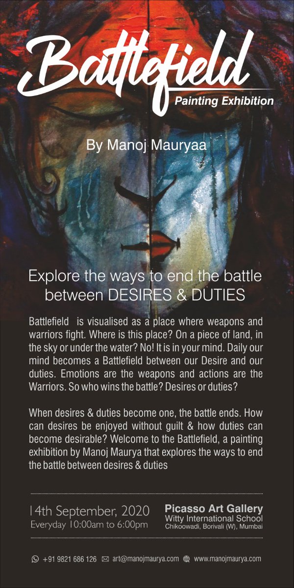 All of us face a constant battle between our desires &amp; duties. Unearth this dilemma with the help of my canvas as I bring my next painting  exhibition 'Battlefield'.
Everyone is invited.