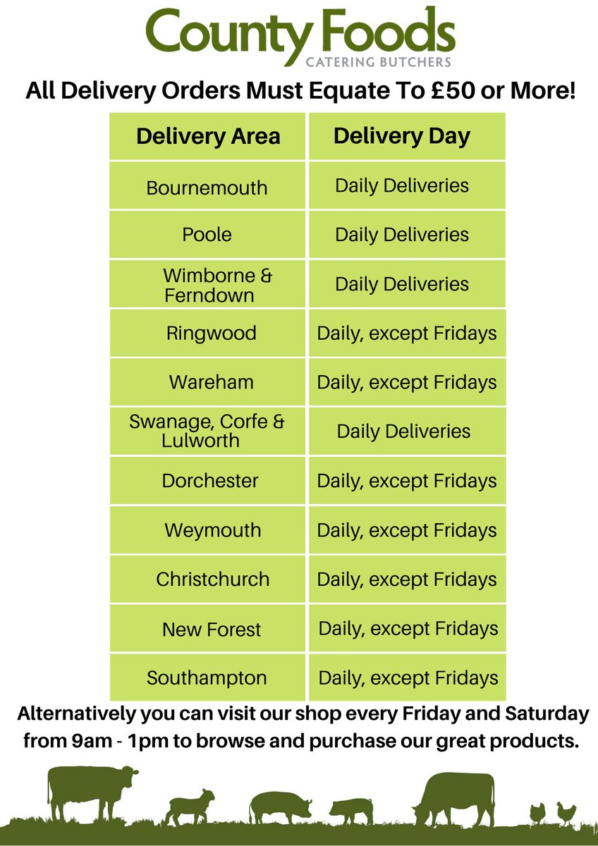 🚚Updated Delivery Areas and Dates!🚚

Grab yourself some amazing products now by calling 01202 440 900 or email sales@countyfoods.co.uk 

Alternatively, come and visit us every Friday and Saturday from 9 am - 1 pm in our shop to browse the great selection that we have!