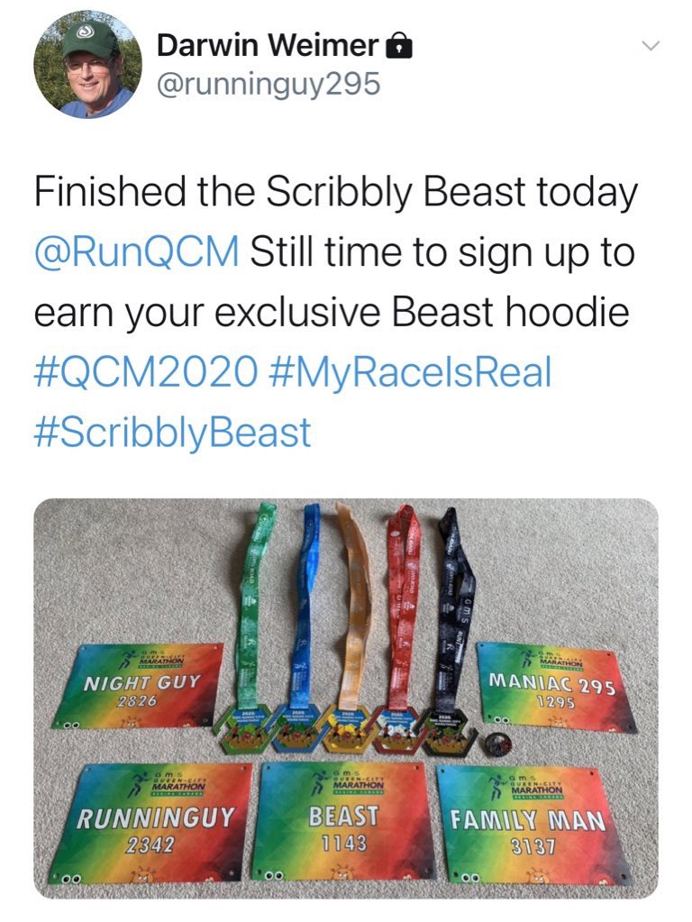RunQCM's tweet photo. Our @MainManiacs pal @runninguy295 is right! There’s still time to sign up for more @GMSlivingwell @RunQCM events and tame the #ScribblyBeast at #QCM2020. 5 races, 5 shirts, 6 medals, and an exclusive #ScribblyBeast finisher hoodie! Register &amp; race by Sept. 30th. LINK IN BIO ⬆️ https://t.co/PgV4nsQR4R