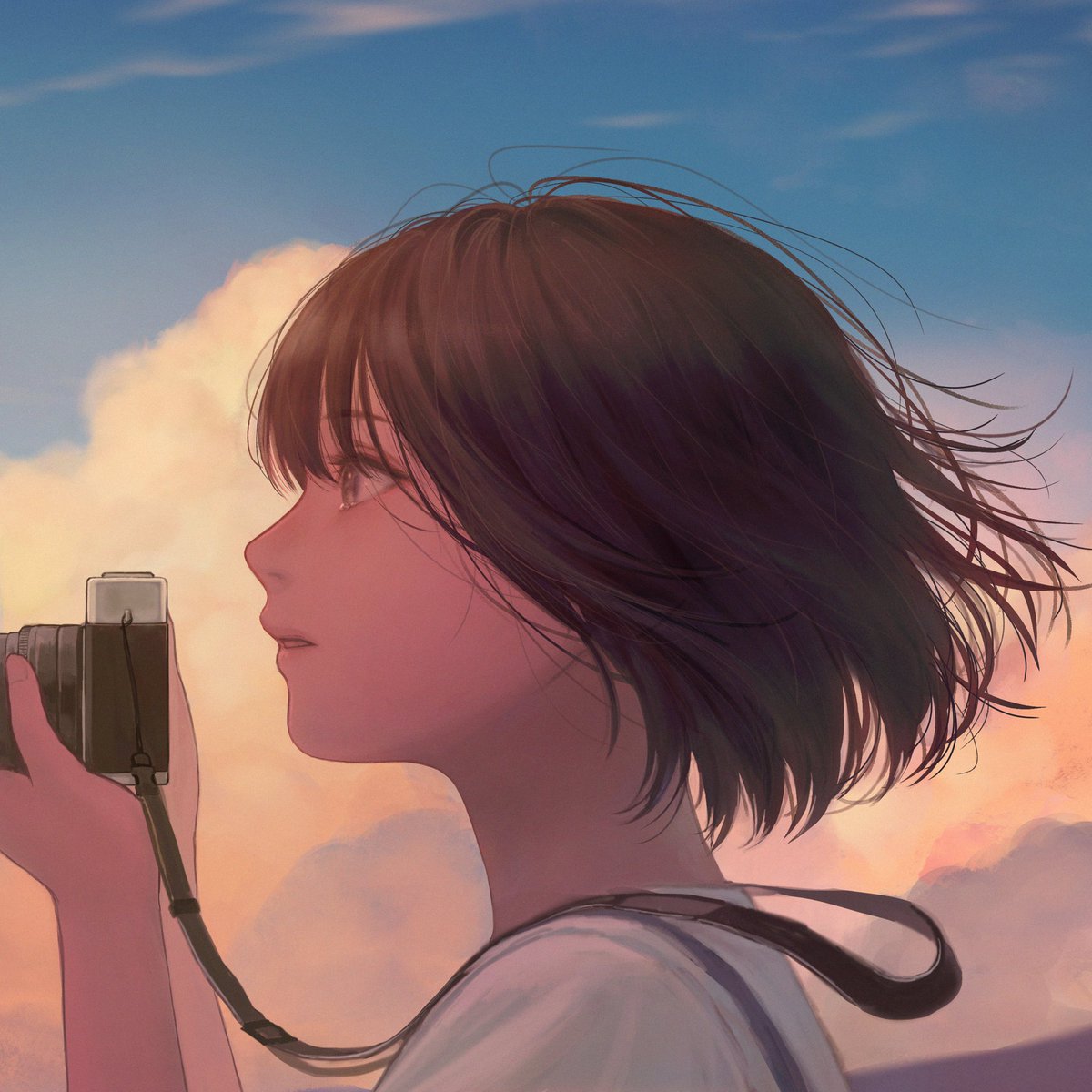 1girl solo camera holding camera short hair sky holding  illustration images