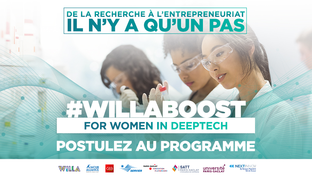 📢 #APPELAPROJET : Étudiante, chercheuse, doctorante, participez au #WILLABoost for #WomenInDeeptech, 3 jours pour challenger votre idée. 🚀

Programme mené par <a href="/Willa_off/">WILLA</a>, en partenariat avec <a href="/IncubAlliance/">IncubAlliance</a> #ParisSaclay

👉 Infos &amp; inscription : bit.ly/3007oBh