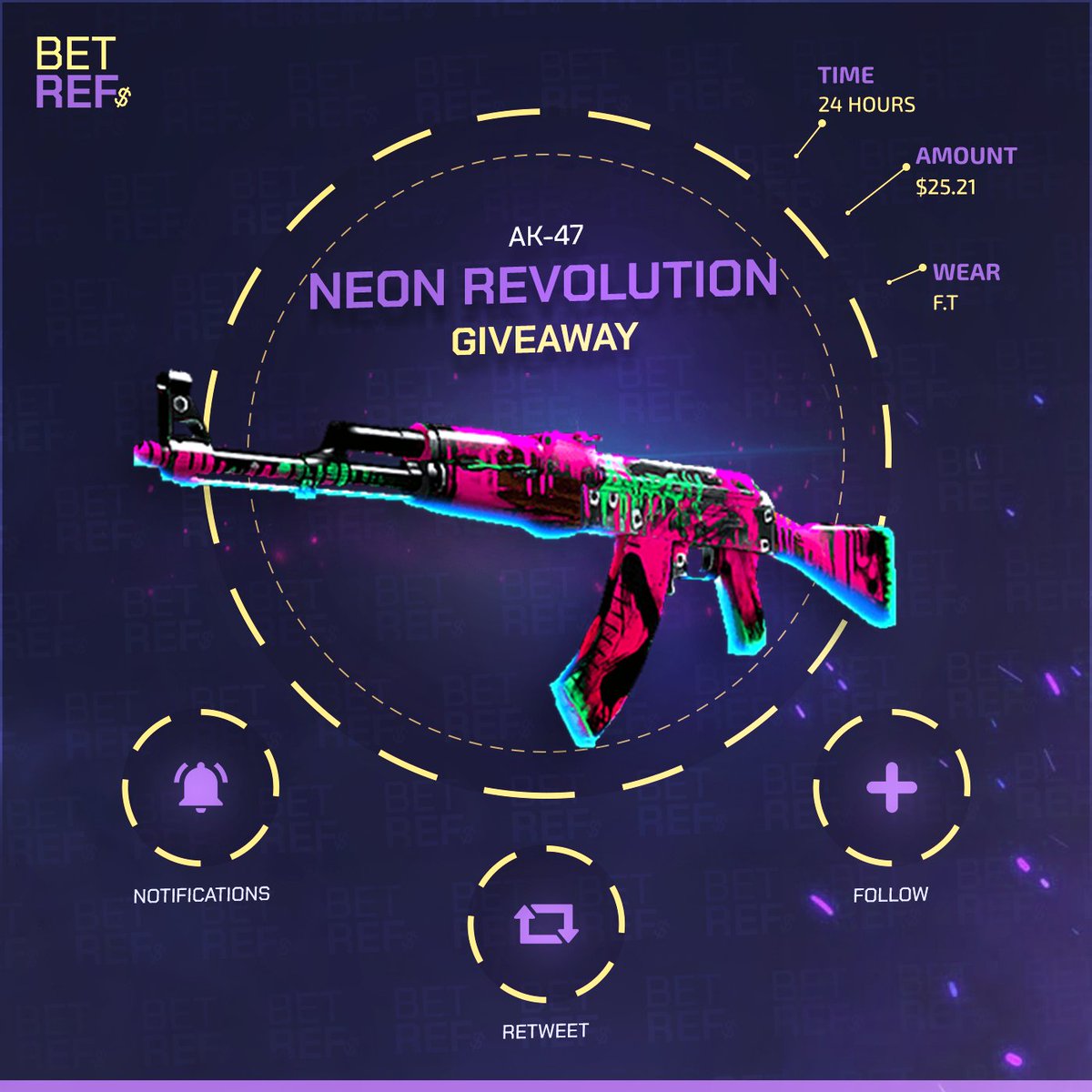 betrefscom's tweet photo. $25 GIVEAWAY!

AK-47 Neon Revolution 💜

✅ Retweet
✅ Follow us &amp; @DaddyskinsCSGO 
��� Visit https://t.co/4ObIyqBkHg
✅ Tag a Friend

24H 🧨 https://t.co/ZQOJuqpnhp