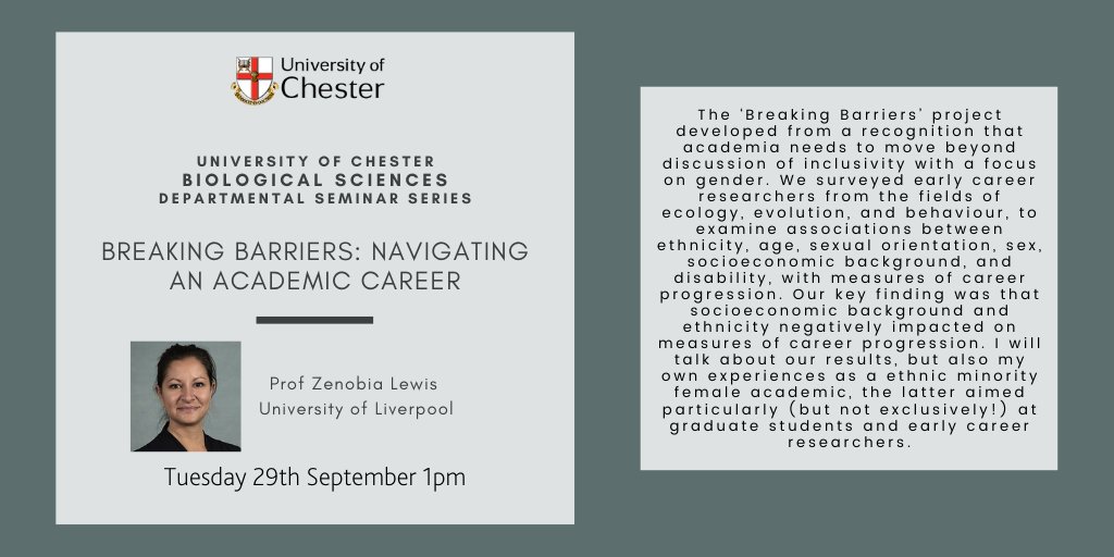 Really pleased that our @BioSciChester Seminar Series will kick off this year with Prof Zenobia Lewis @Zen_of_Science from the University of Liverpool on the 29th September at 13:00 with her talk "Breaking barriers: Navigating an academic career". DM me for the link, all welcome.