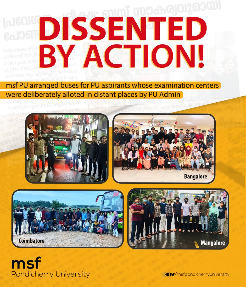 msf_pondiuni's tweet photo. Dissented by action!
msf PU arranged buses for PU aspirants whose examination centers were deliberately alloted in distant places by PU Admin. 
#msfpondicherryuniversity https://t.co/5G0OSKAlWG