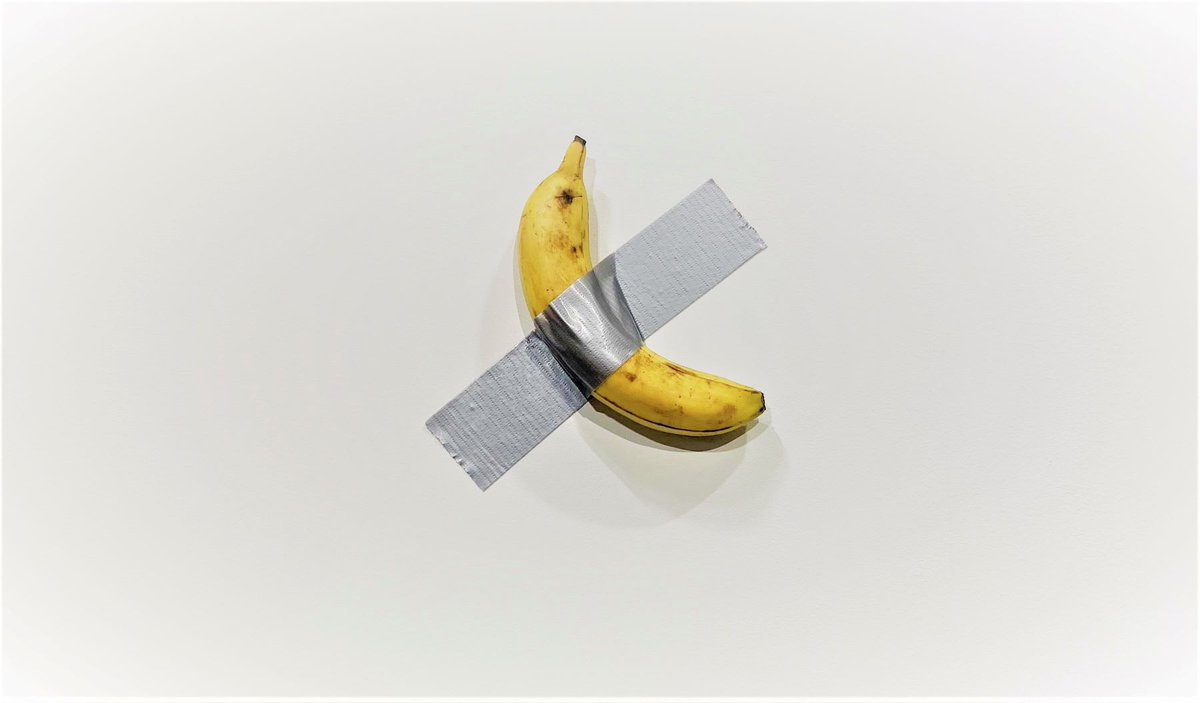 The way I see it is that the existence and success of Cattelan& #39;s banana is a lesson that you may participate in the cosmic forces of karmic retribution only via a gimmick and mockery, not through pettiness, screaming, and & #39;revenge& #39;. The intellectual approach