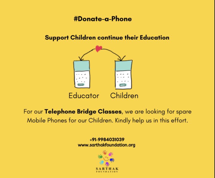 SarthakNGO's tweet photo. Donate your old phone! 

One spare mobile phone= One EDUCATED child. 

@bindasbhidu @SonuSood @EduMinOfIndia @Global4Children @FoundationLila @ndtv @Micromax__India @GoogleForEdu 

#DonateAPhone #DonationForEducation https://t.co/dDvfbDdt63